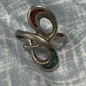 Vintage 90s Sterling Silver Infinity Pinky Ring w/ Turquoise & Coral Inlay Size